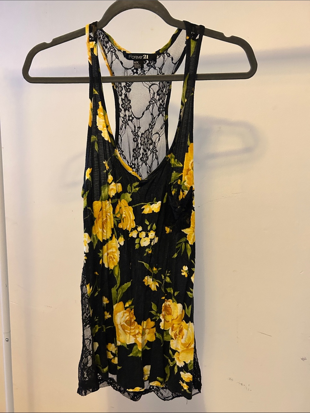 Forever 21 Black Tank with Yellow Floral Print and Lace Racerback (2005)